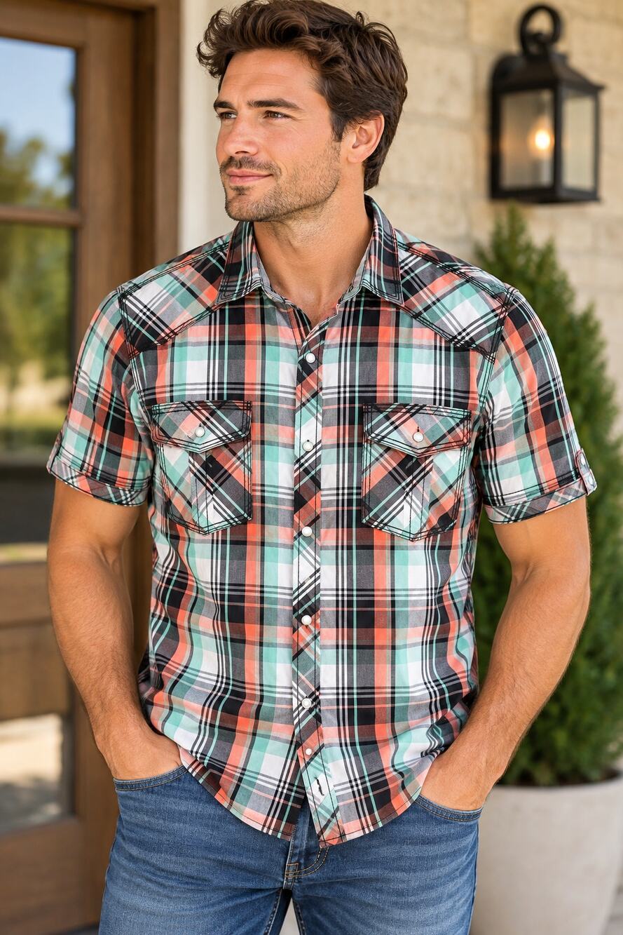BKE Athletic Fit Menās Medium Plaid Button Up Coral Mint Black Gray